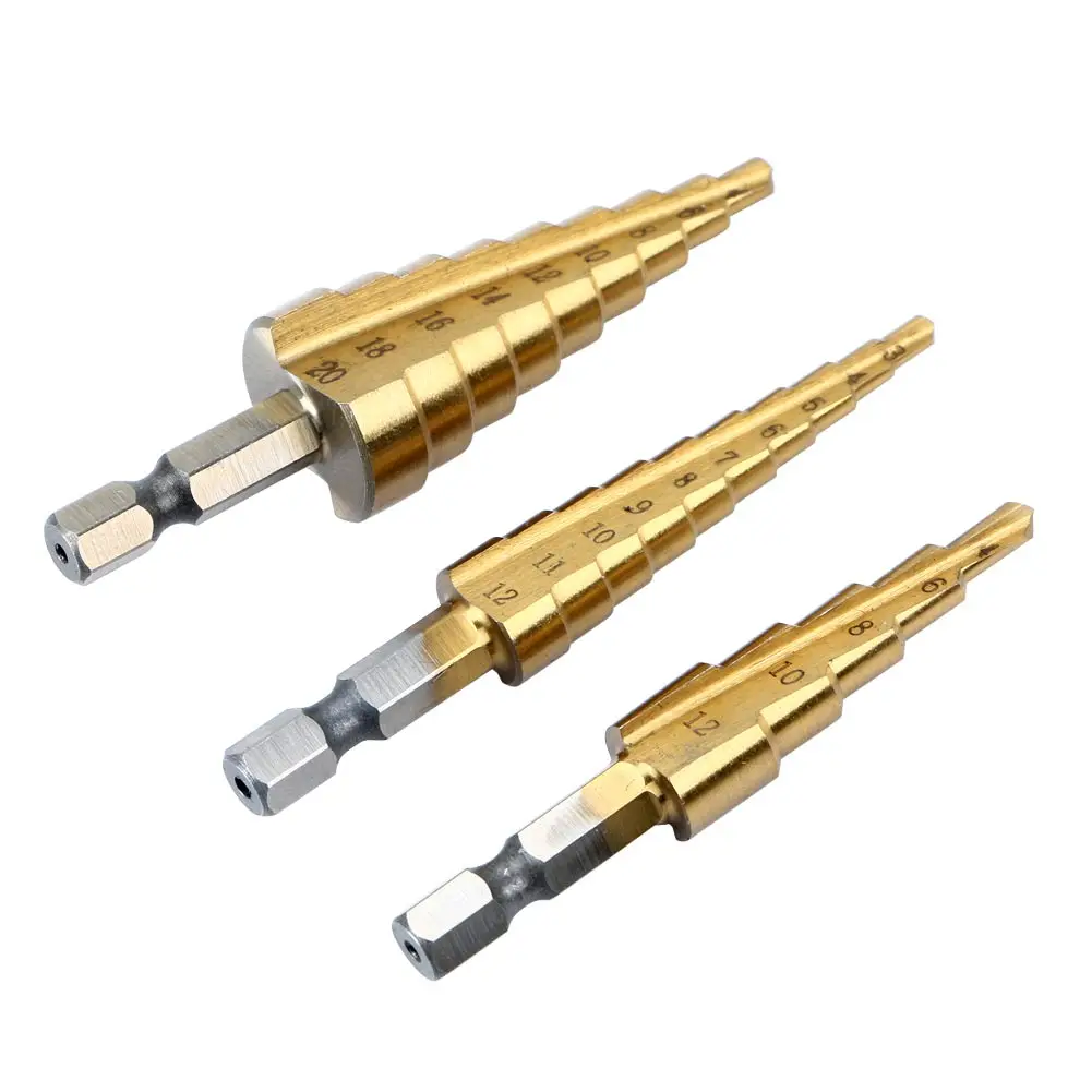3Pcs 1/4นิ้วมัลติฟังก์ชั่ขั้นตอน Mata Bor HSS Sharpening ไทเทเนียมโลหะ Hex ขั้นตอน Mata Bor ชุดงานไม้เครื่องมือเจาะโลหะ