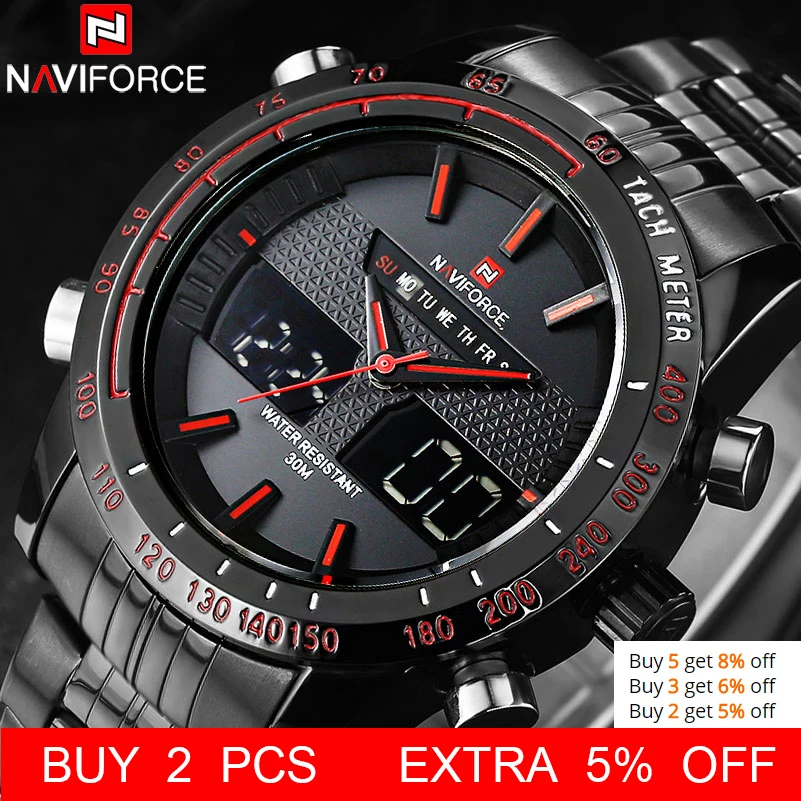 NAVIFORCE Brand Mens 30M Waterproof Sport Watch Men Stainless Steel Analog Digital LED Watches Dual Time Clock Relogio Masculino