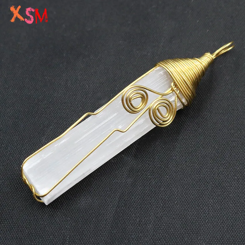 xinshangmie 1 Pcs Natural Raw Stone Wire Winding Selenite Pendant Irregular Column Gypsum Stone DIY Handmade Charms Jewelry