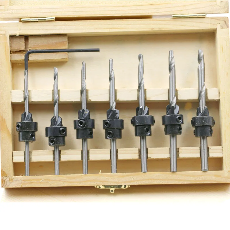 22PC Wood Screw Drill Sinking Head Countersink 7 Sets Of Woodworking Drill Cone Hole Drill Box