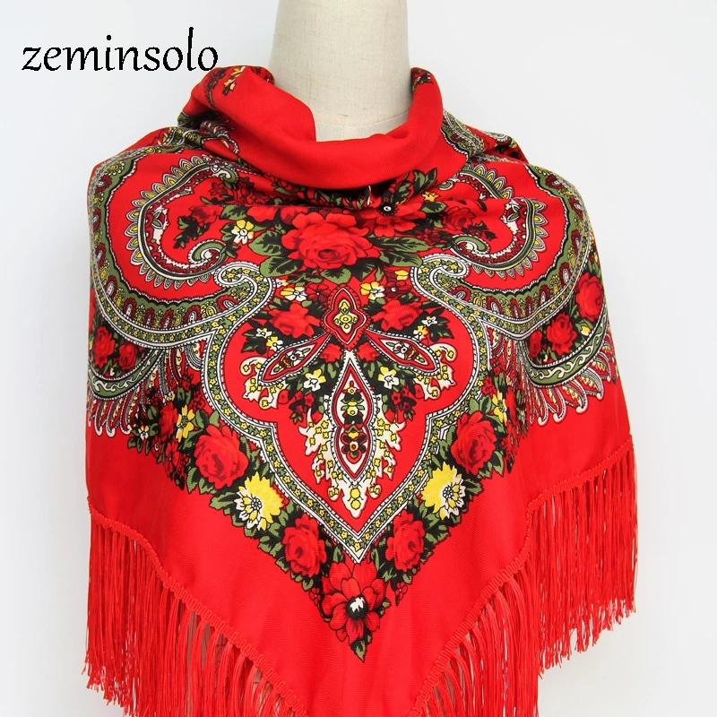 Sciarpe russe invernali di marca di lusso per le donne sciarpa quadrata scialle stampa Bandana floreale fazzoletto di cotone frangia nappa fatta a