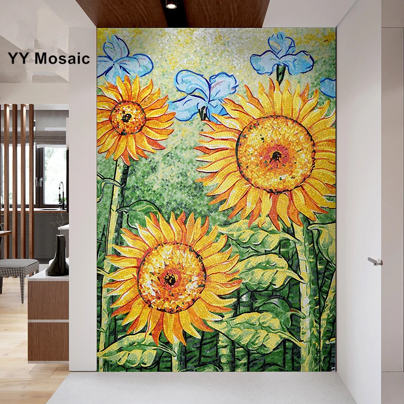 

High-end Customized Product Sunflower Mural Mosaic Wall Tile American Rural Style Bathroom Living Room Stair Decoration