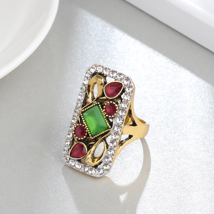 Kinel Hot Green Big Vintage Wedding Rings For Women Antique Gold Color Mosaic White Crystal Fashion Turkey Jewelry Love Gift