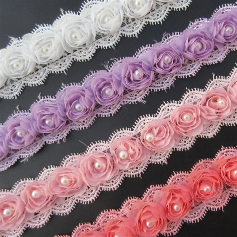 12x Pearl 3D Chiffon Rose Flowers Lace Trim Ribbon Fabric Handmade Embroidered Applique Wedding Dress Sewing Craft Decoration