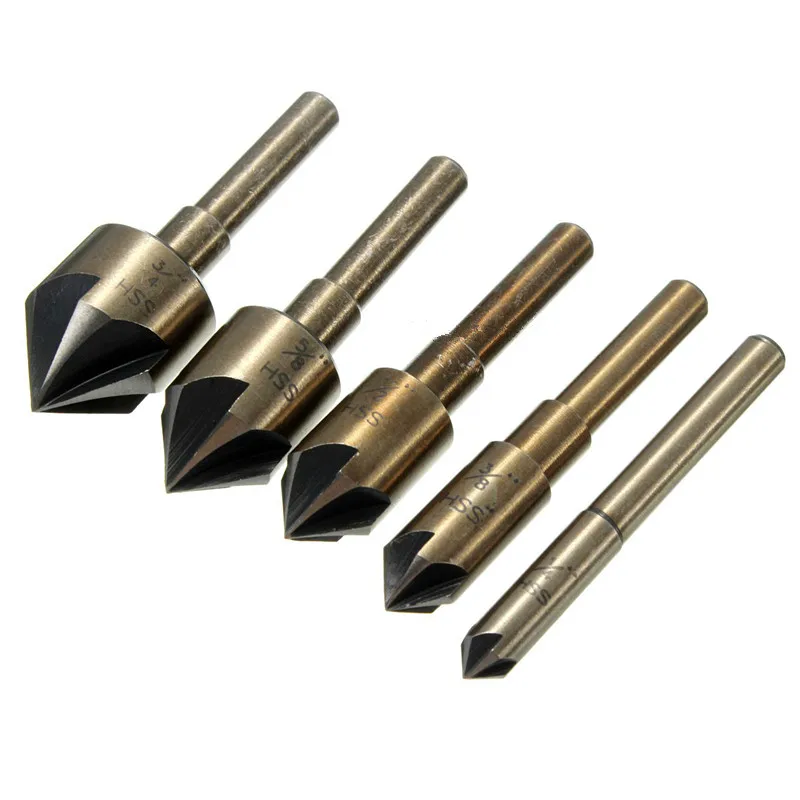 1/4  1/2  3/8  5/8  3/4 inch 5pcs Deburring Bits Chamfering Drill Set 5 Flute Edge 82 Degree Wood Countersink Drill Bit