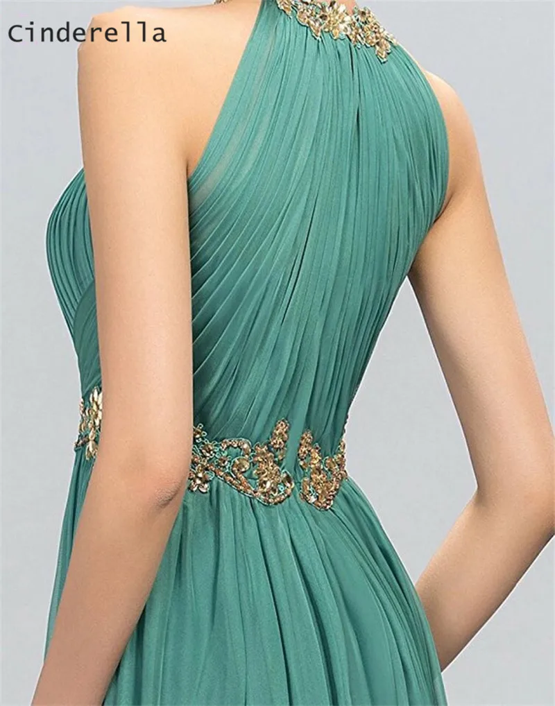 Cinderella Halter Mouwloze Zipper Terug Floor Lengte A-lijn Kant Applique Crystal Chiffon Avondjurken Party Prom Jassen