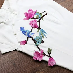 Large Size Magnolia Flower with Bird Embroidered Patch Sewing Applique Clothes Shoes Bags Decoration Patch Apparel DIY Patches