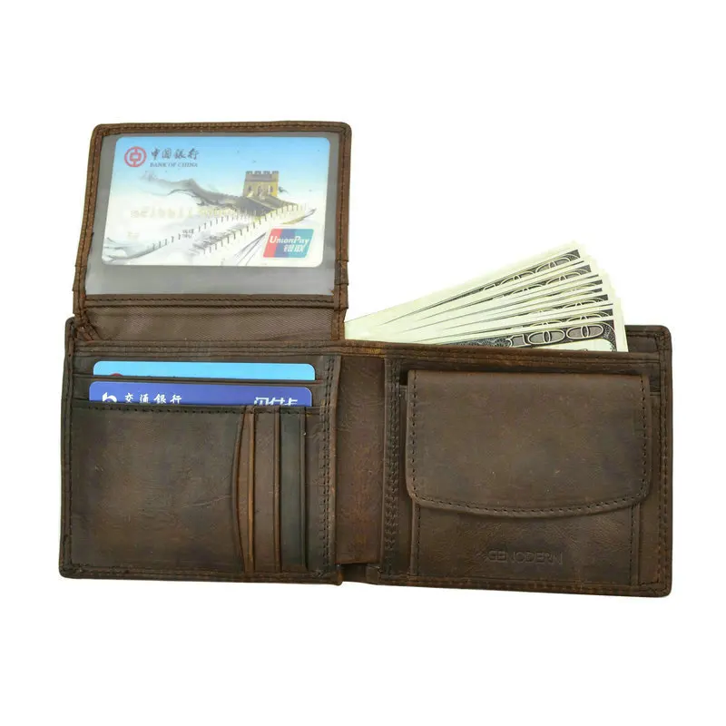 Cow Leather Men Wallets with Coin Pocket Vintage Male Purse Function Brown Genuine Leather Men Wallet with Card Holders