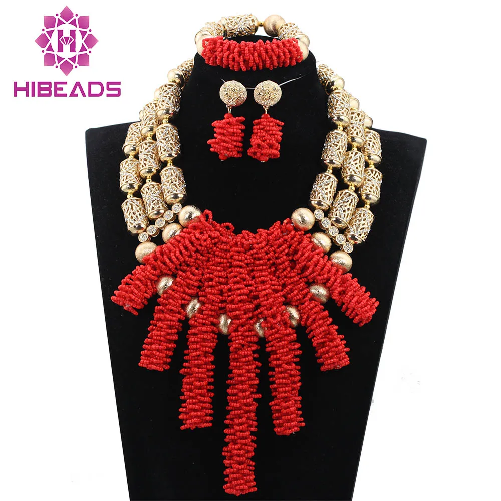 Fashion Quality Big Gold Accessories Jewelry Set Luxury Red Wedding African Beads Bib Jewelry Set for Women Free ShippingABH224