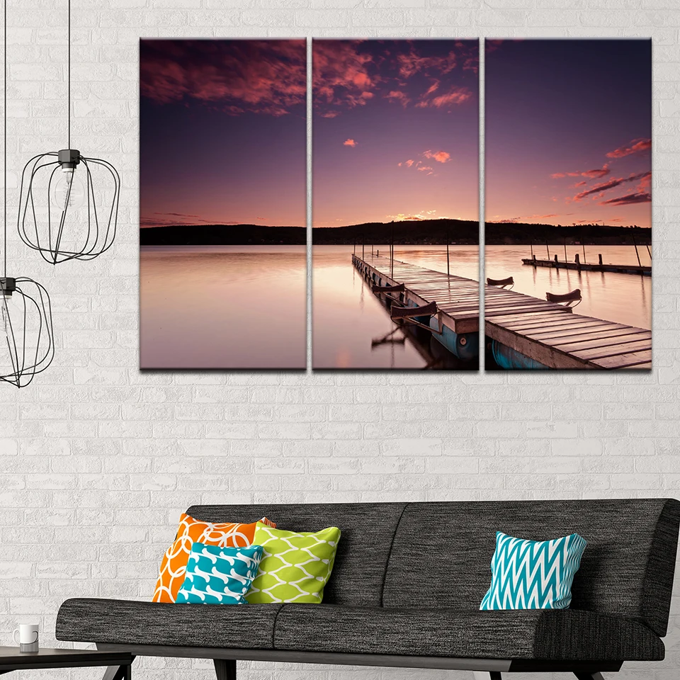 Canvas Painting Seaside pier with sunset 3 Pieces Wall Art Painting Modular Wallpapers Poster Print for living room Home Decor