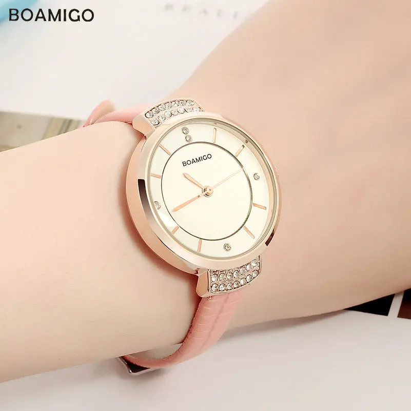 BOAMIGO Fashion Women Quartz Watches Leather Strap Luxury Brand Ladies Rhinestone Watches Women\'s White Wristwatches