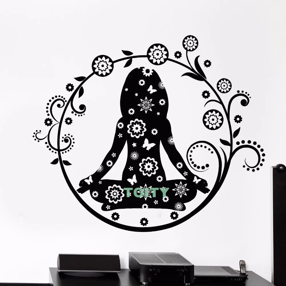 Vinyl Wall Decal Yoga Center Lotus Pose Woman Flowers Sticker Decor Home Room Interior Art Window Murals H57cm x W71cm