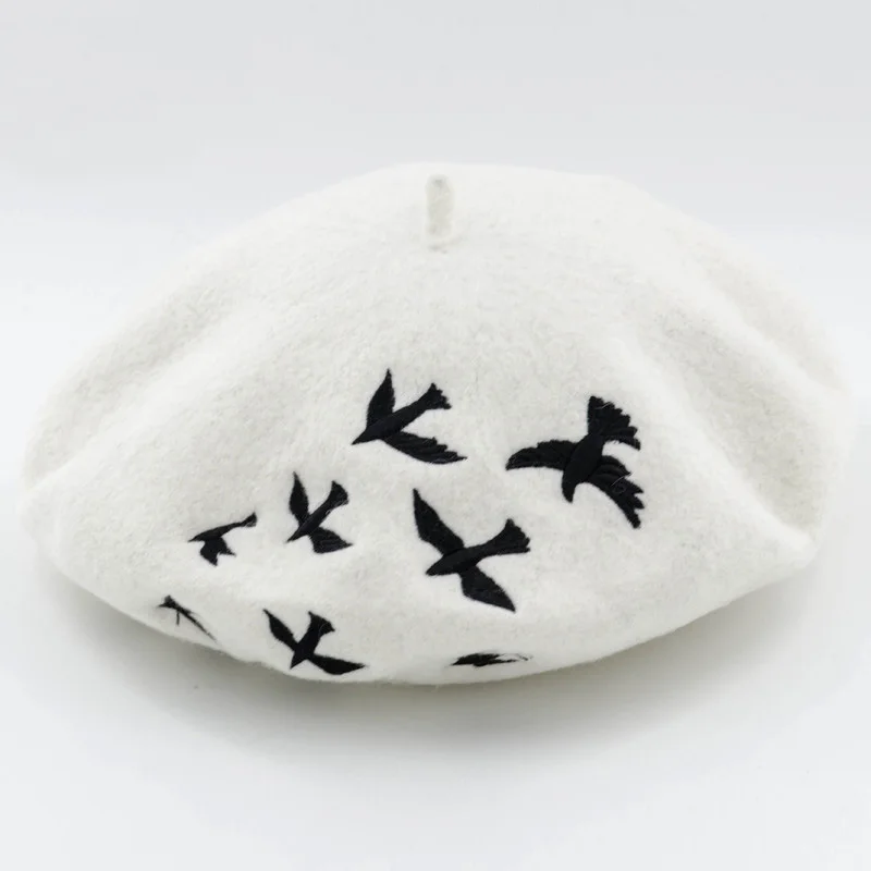 Winter hats for women Berets Knitted wool beret mujer Embroidered Swallows Pattern Berets Hats Baret Warm Caps Boina Feminina