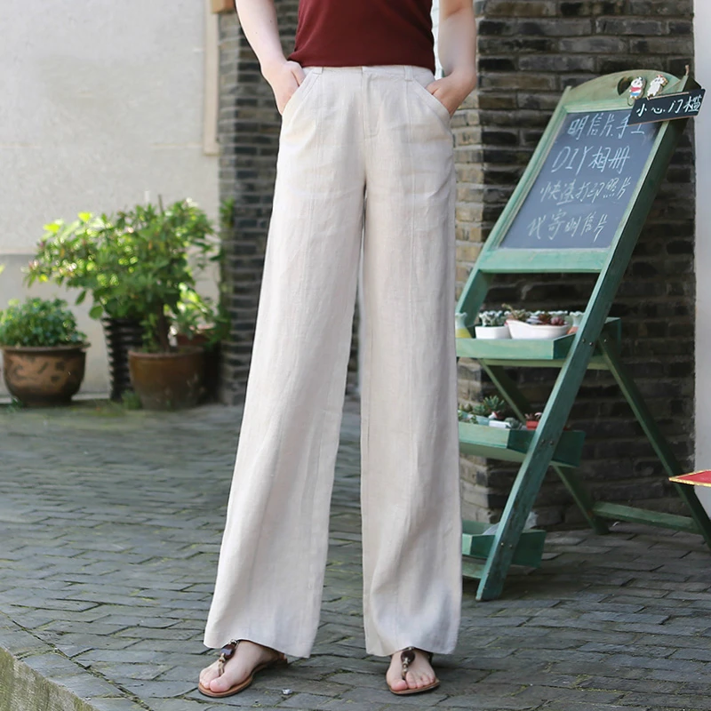 Pantalon en lin à jambes larges pour femme, Beige, noir, blanc, confortable, coréen, taille haute, ample, printemps été