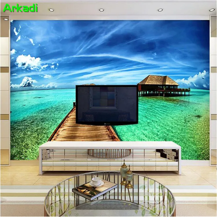 Custom Modern Nature Landscape Wall Painting TV Background Wallpaper Maldivian Landscape Cafe Home Decoration Wallpaper