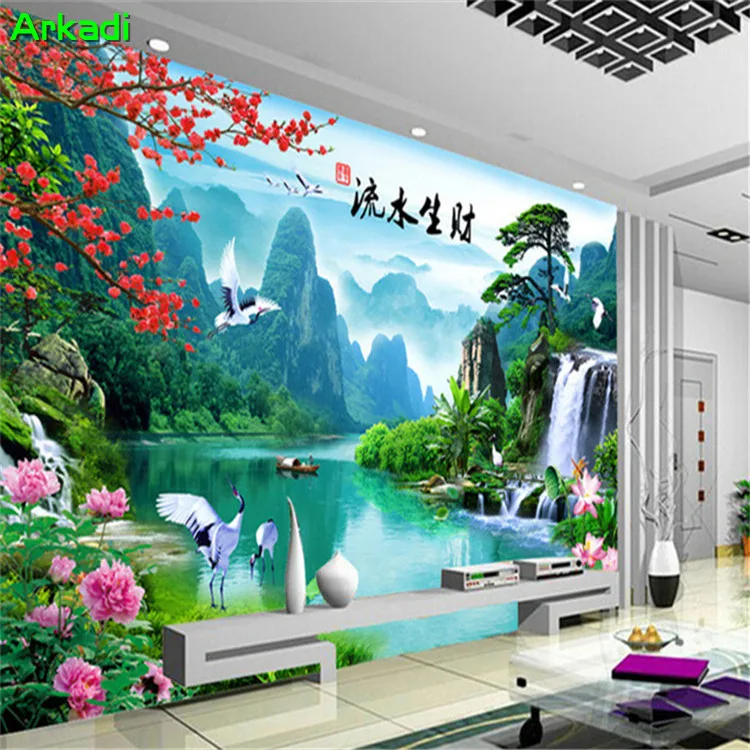 

3D large mural living room TV sofa background wall paper 8D welcome loose water landscape scenery