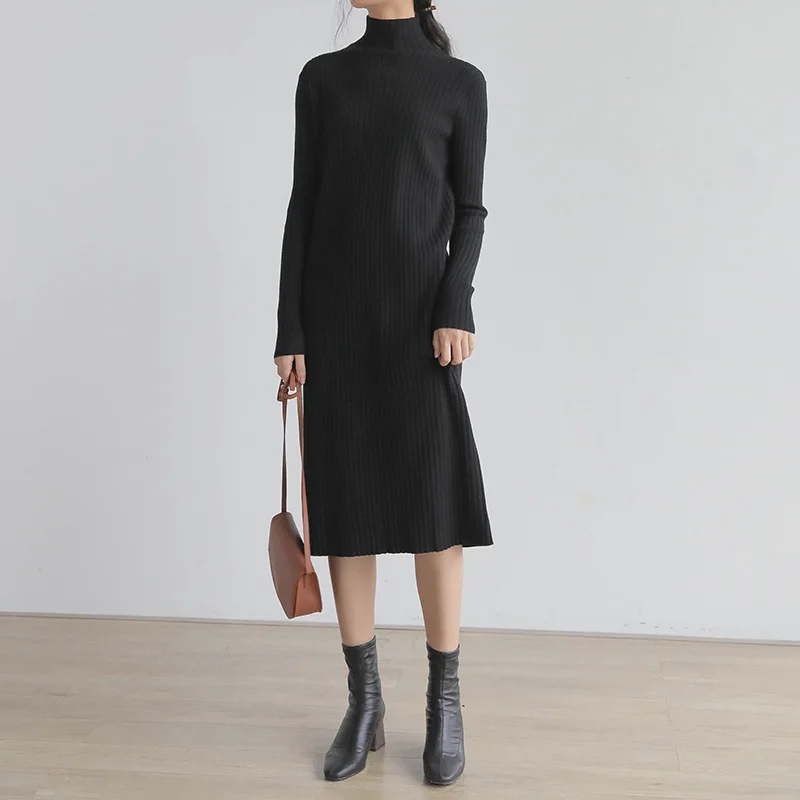 

Women Slim Knitted Midi Mock Neck Long Sweater Dress