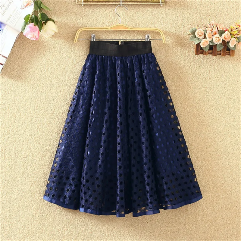 Sanishroly 2023 New Women Summer Sweet Skirt Dot Hollow Out Lace Skirts Female A-Line Mini Skirt High Waist Ball Gown Skirt S036