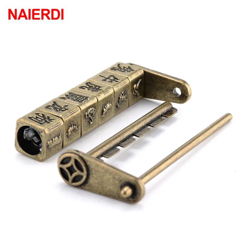 NAIERDI 90*37mm Zinc Alloy Chinese Vintage Antique Bronze Keyed Padlock Retro Combination Password Lock Jewelry Box Padlock