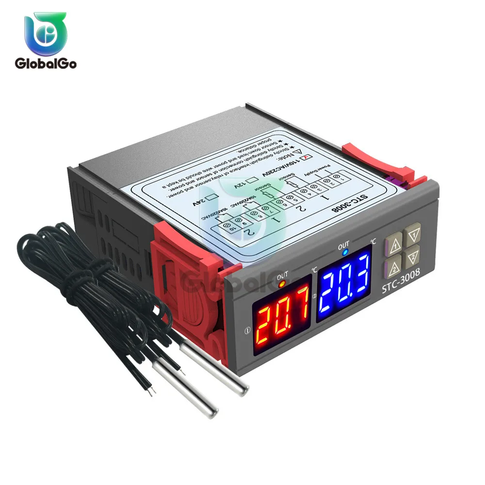 

Double Display Two-way Thermostat Double Probe Temperature Controller Sensor Two Relay Output AC110-220V DC24V 12V STC-3008