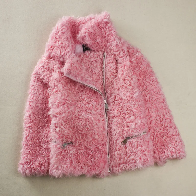 Short zipper locomotive jacket   Lambs and fur coats in Europe and America  women winter jacket   jacket with natural fur women