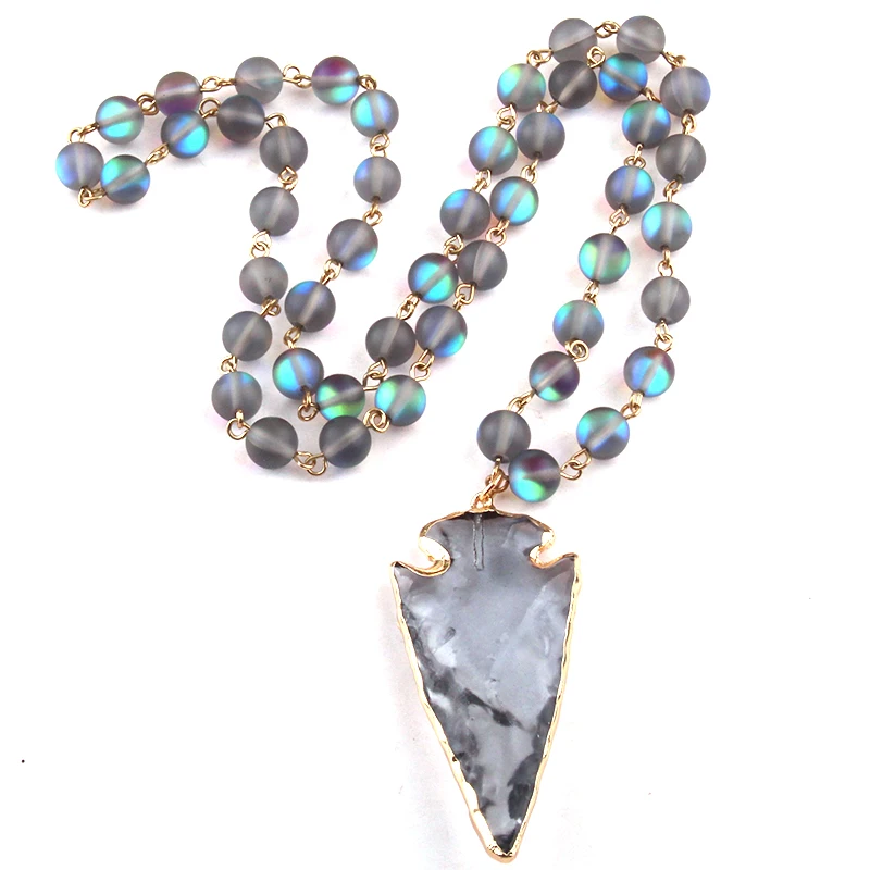 8mm Fashion Beautiful Shiny Crystal Rosary Chain  Crystal Arrowhead Pendant Necklaces Women Ethnic Necklace