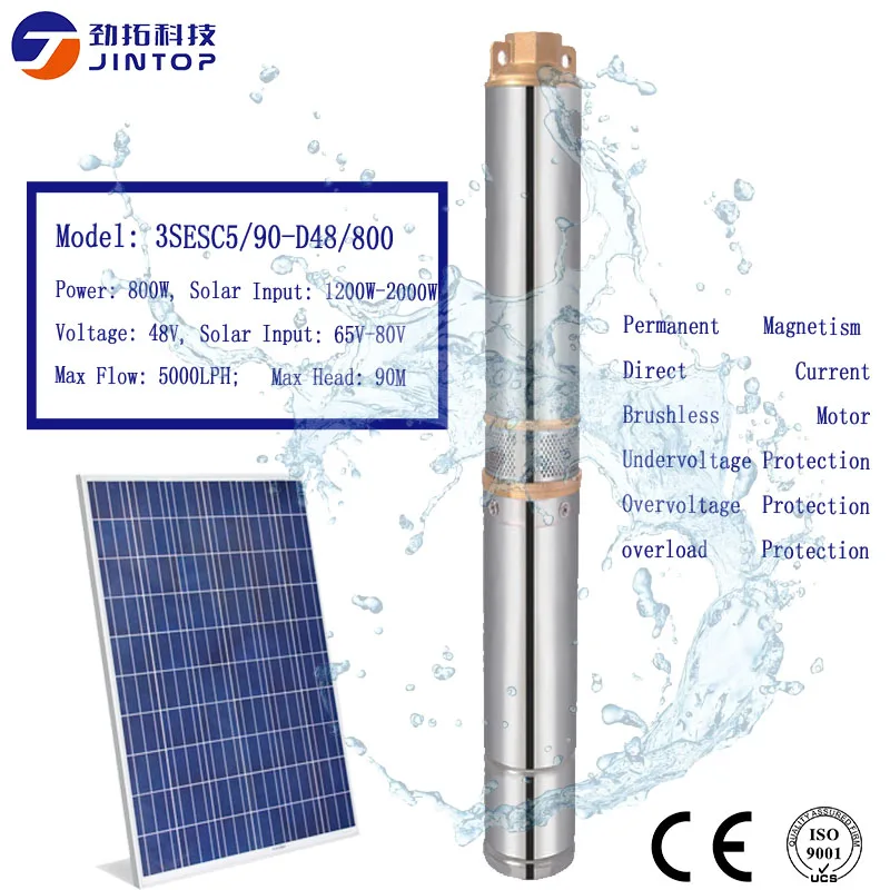 (MODEL (3SESC5/90-D48/800) JINTOP  SOLAR PUMP Free Shipping Max Flow 5000LPH Head 90m DC48v solar water pump for agricultural