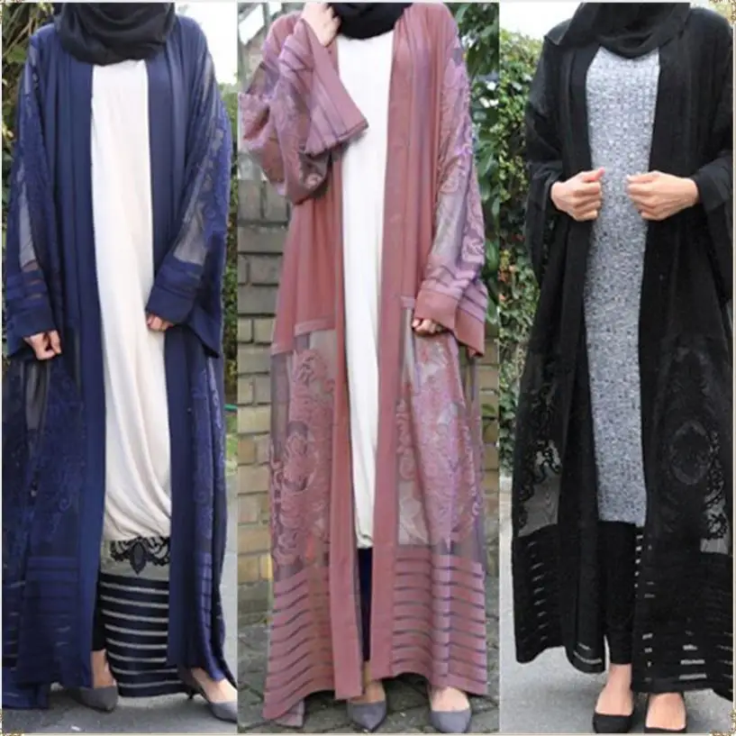 Muslim Fashion lace hollow cut cardigan Robe full length Musulmane Abaya Muslim Robe Arab Worship Service abaya kimono wj2814