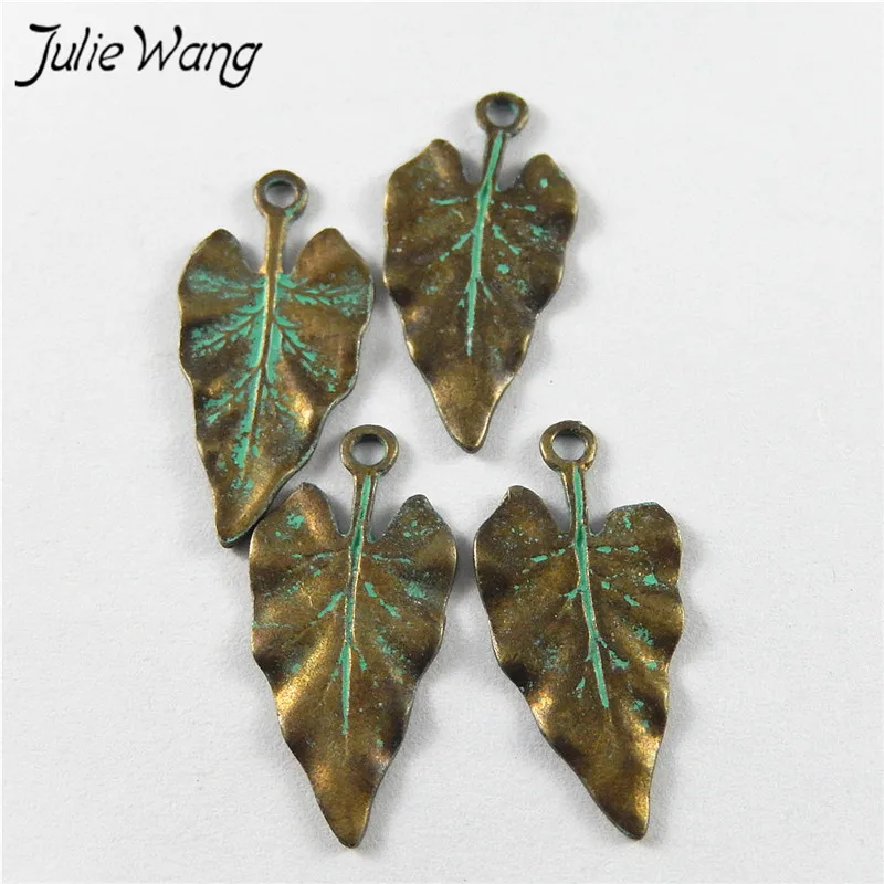 Julie Wang 20PCS Antique Bronze Charms Green Heart Shape Leaves Suspension Pendants Jewelry Making Earring Necklace Accessory