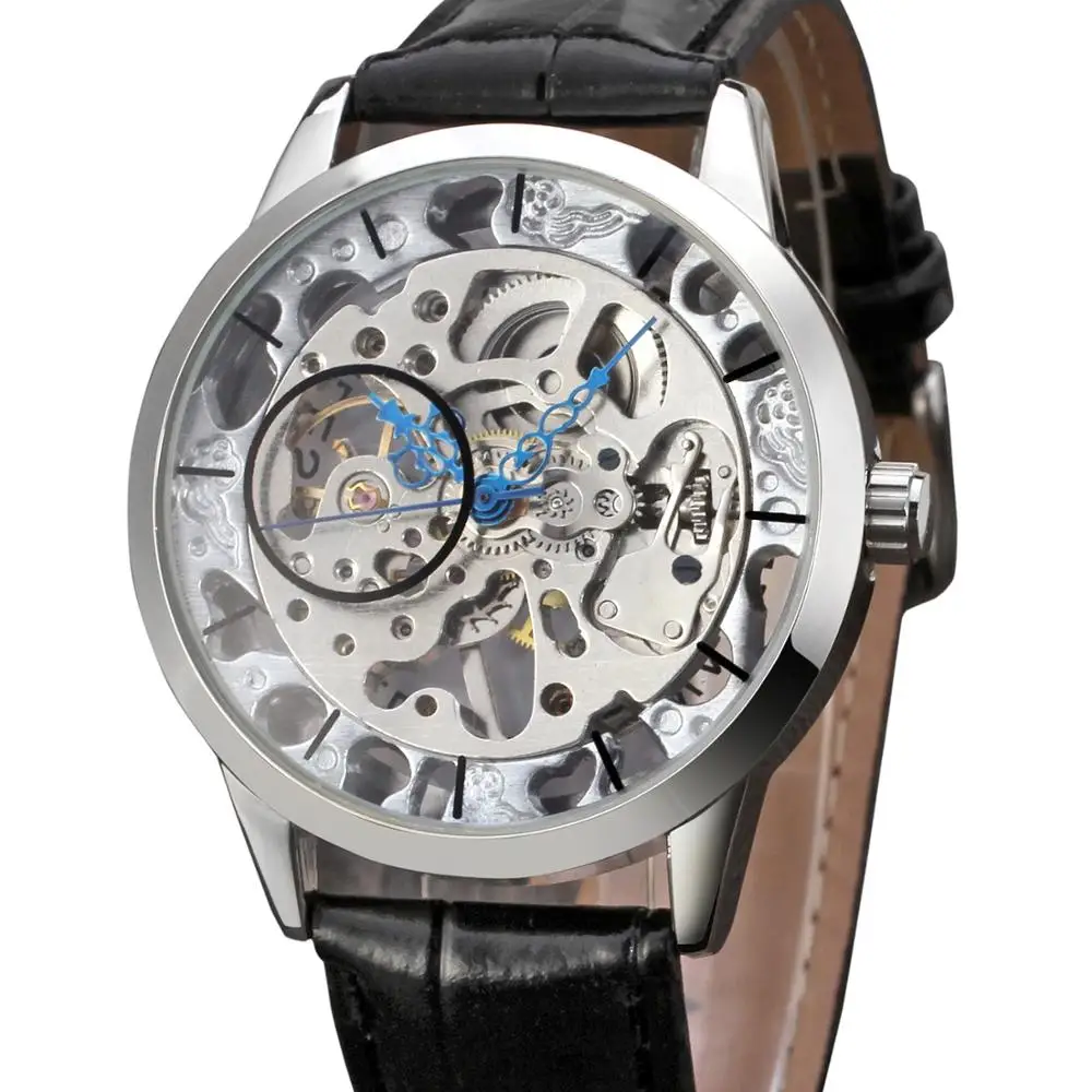 

T-WINNER WATCH Silver Surface unique design dial black leather strap blue pointer men's mechanical watch