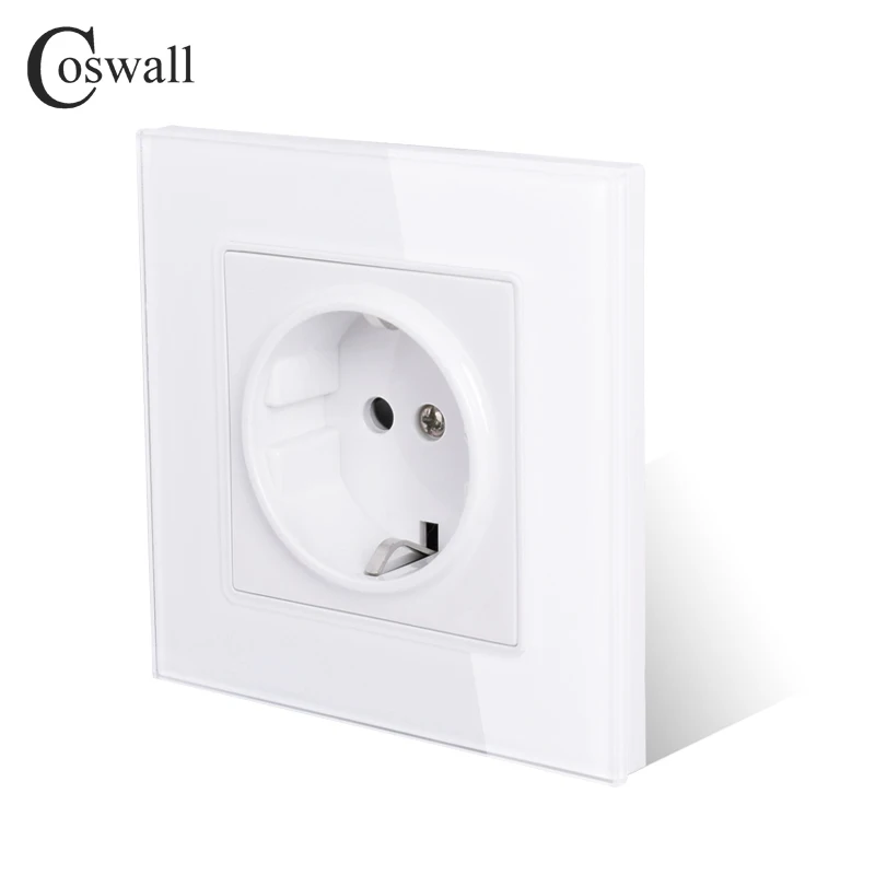 Coswall Wall Tempered Glass Panel Power Socket Grounded 16A EU Russia Spain Outlet With Children Protective Lock