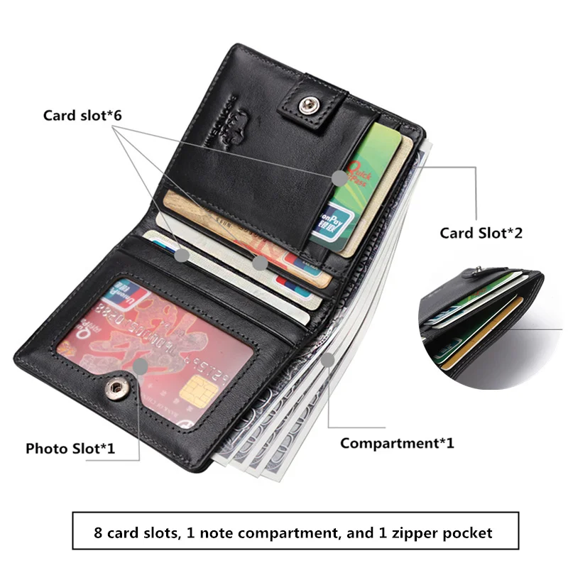 BISON DENIM Fashion Purse Men's Genuine Leather Wallet RFID Blocking Mini Wallet Male Card Holder Small Zipper Coin Purse W9317