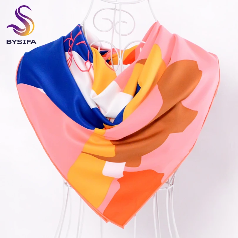 [BYSIFA] Ladies Pink Silk Scarf Shawl Fashion Accessories Twill Large Square Scarves Wraps 90*90cm Geometric Pattern Scarves