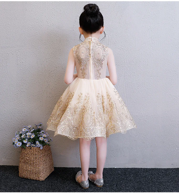 Elegant Golden Tulle Flower Girl Dress Party Kids Pageant Gown Princess Wedding Dress Sleeveless First Communion Dresses 1-14T