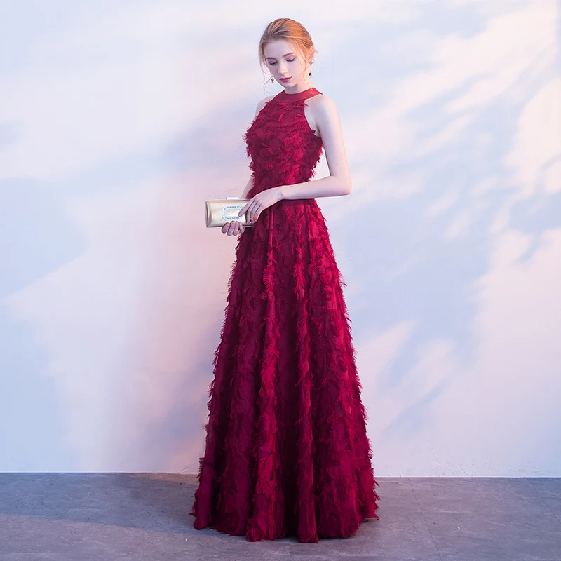 weiyin Burgundy Elegant Long Evening Dress Sexy Lace Feather Floor-length Prom Party Gown Cusotm Formal Dresses Vestido De Festa