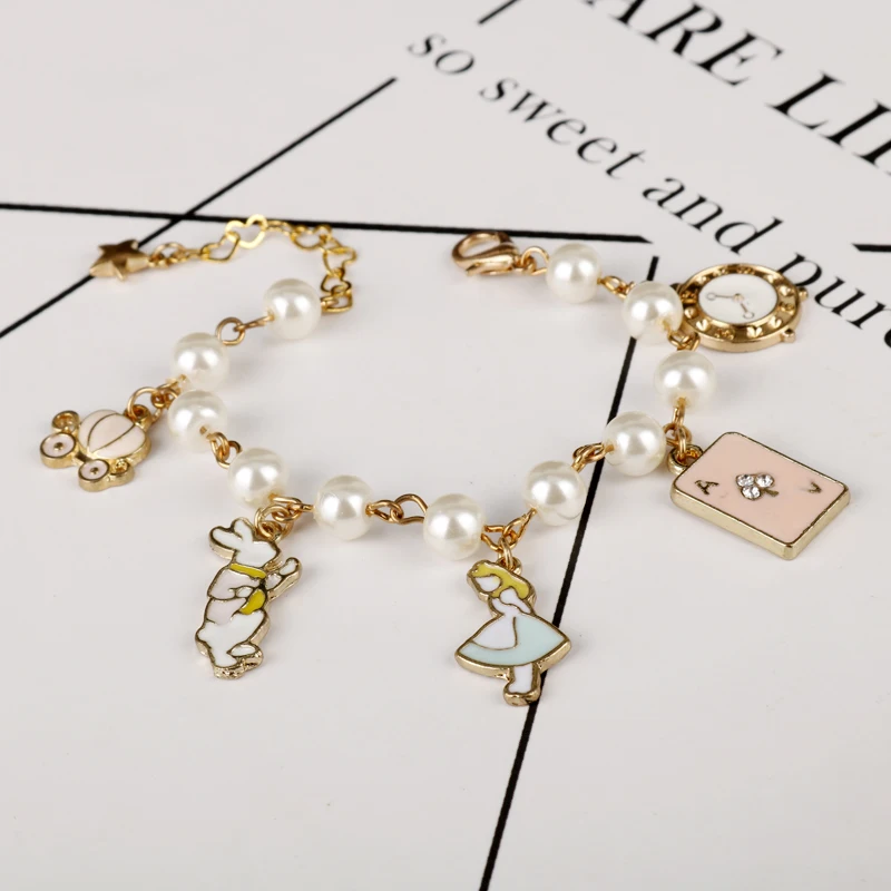 MQCHUN Alice In Wonderland Women Charm Crystal Pendants Bracelets Bangle a Bracelet Wristband Pearls Link Chain Bangles -25