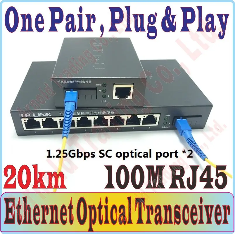 

20km single-mode Optical Fiber Transceiver, Fiber Converter, 8*100Mbps RJ45 Ports, 2*1.25Gbps SC ports, One pair, Plug&Play