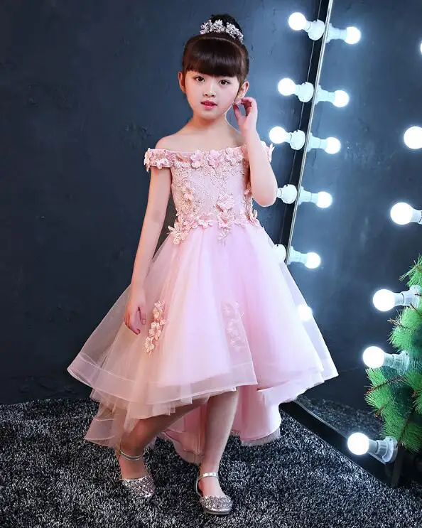 2017 New Shoulderless Flower Girls Dresses For Wedding Appliques Formal Girl Birthday Party Dress Red Lace Princess Ball Gown