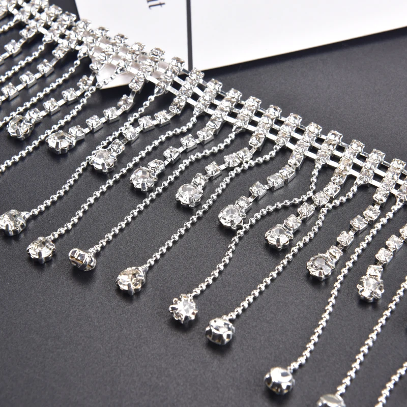 New 45cm/90cm Glass Rhinestone Fringing Crystal Chain Strass Tassels Wedding Decoration Sew On Garment Banding Necklace Trim DIY