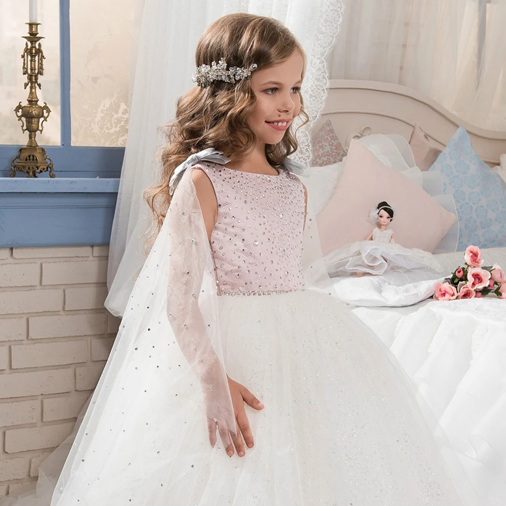 Flower Girl Dresses Formal Lace Sleeveless Ball Gown O-neck Beading First Communion Dresses for Girls Vestidos Longo New