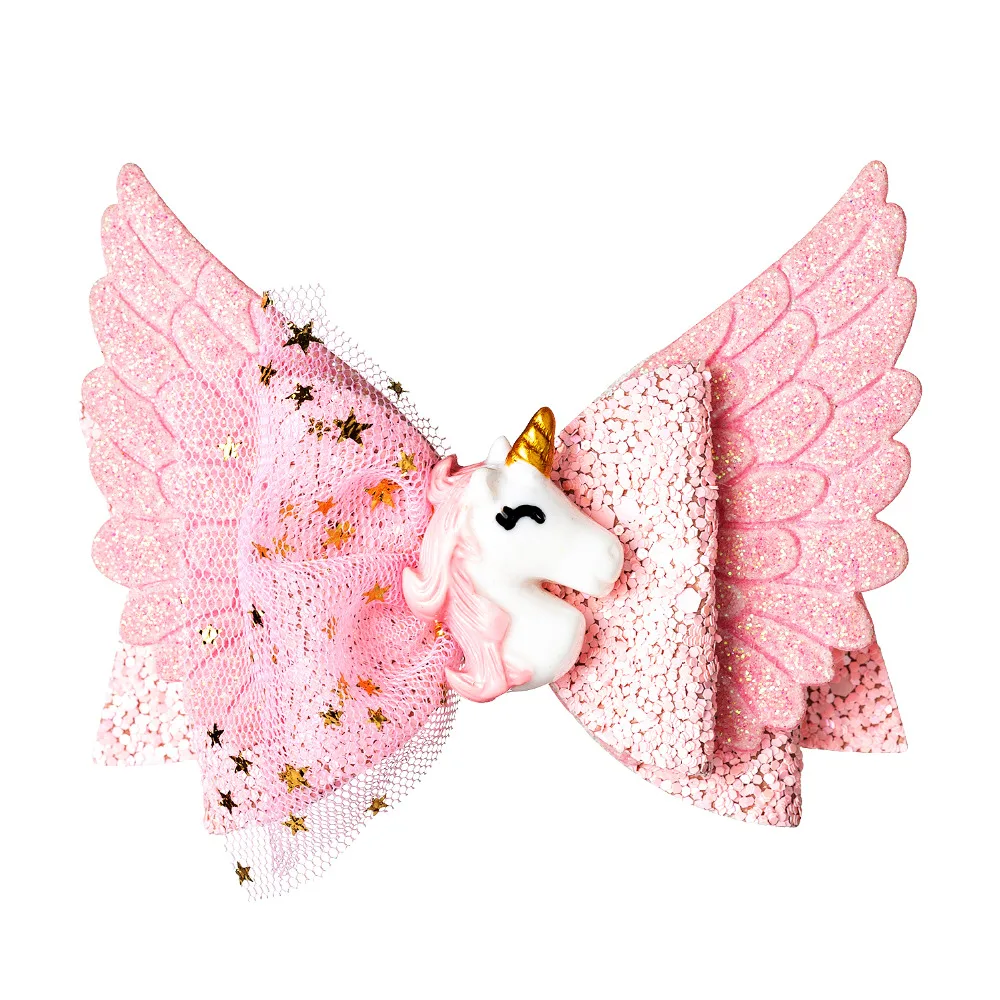 Thumblina Unicorn Wing Princess Hairgrips Glitter Hair Bows with Clip Dance Party Bow Hair Clip Girls Hairpin Hair Accessories