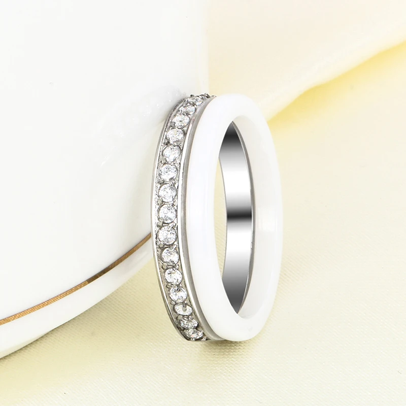 2pcs/Set One Half Row Rhinestone Stainless Steel Women Ring Random Match Other Rings Elegant Style White Ceramic Rings Jewelry