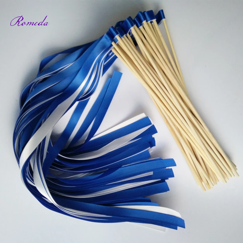 50pcs/lot Blue and White Wedding Ribbon Wands Sticks Fairy Stick Without Bell  For Wedding Decoration