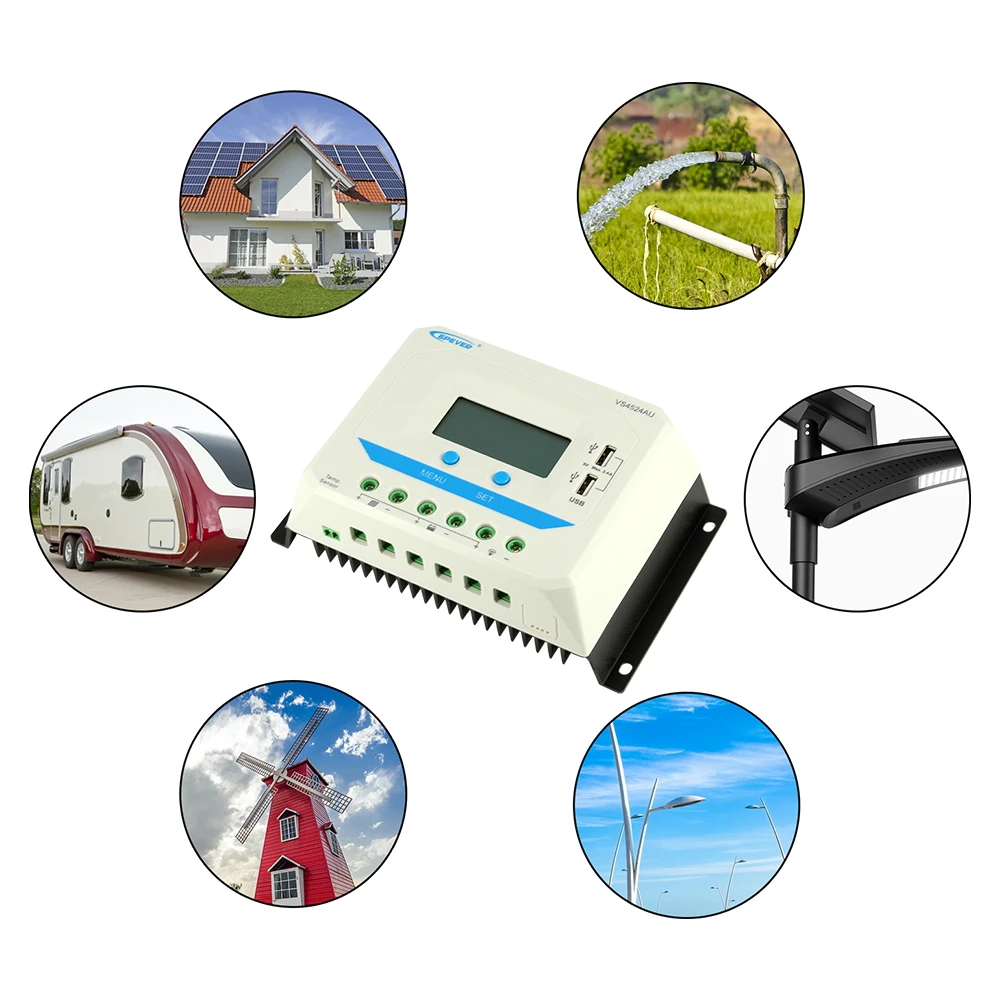 EPever 60A 45A 30A 20A 10A Solar Charger Controller 12V 24V Auto Backlight LCD Solar Panel Regulator Dual USB ViewStar-AU Series