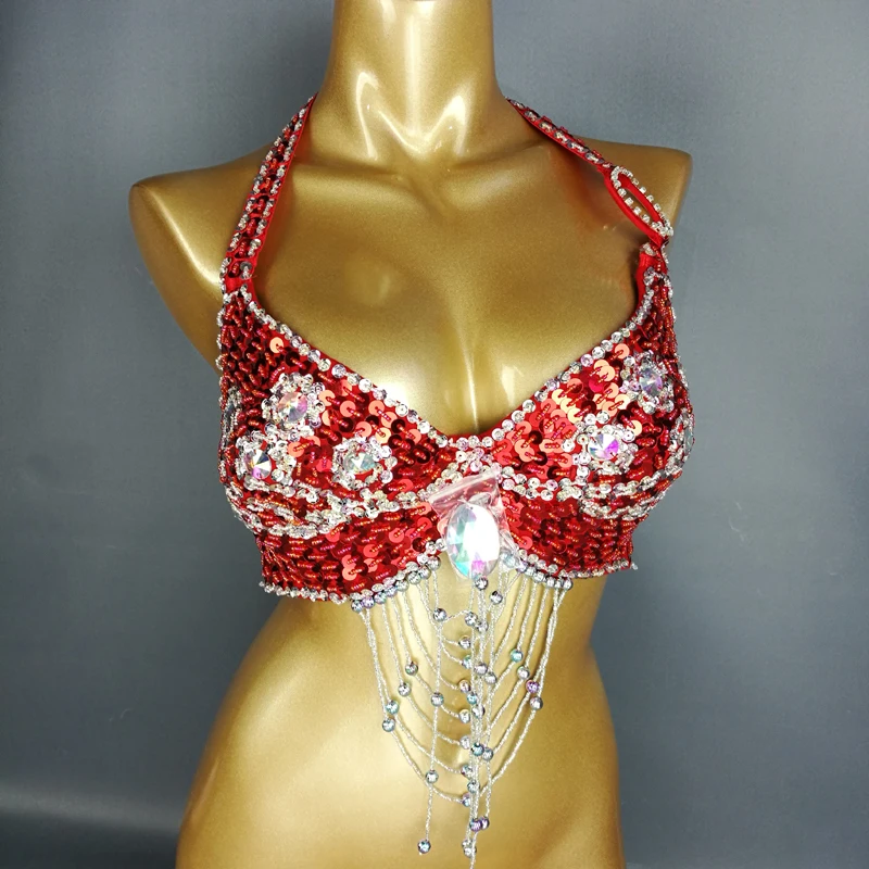 New Womens Lady Belly Dance Costume Bra Beaded Sequin Bra Sexy Belly Dancing Clothes Night Club Bellydance Bra TOPS