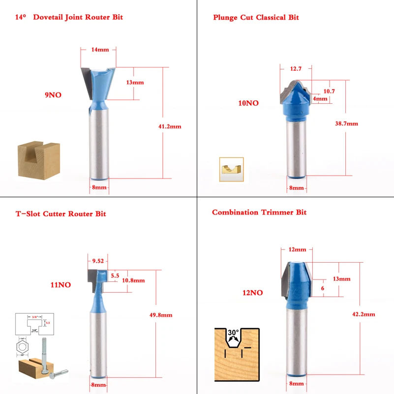 1pcs 8mm Shank wood router bit Straight end mill trimmer cleaning flush trim corner round cove box bits tools Milling Cutter