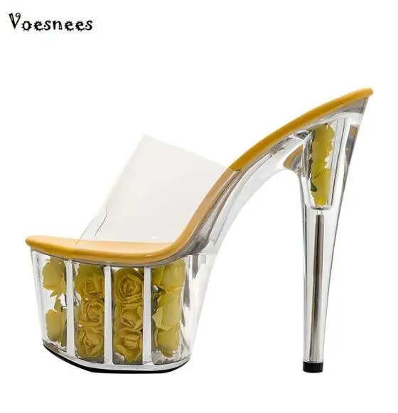 Platform Women Slippers Shoes Thin Heel Ultra High Heels 17CM Flowers Transparent Crystal Sandals Shoes Female Shoes Slippers