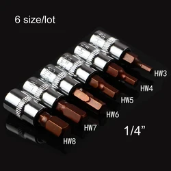 6pcs 1/4 Inch Drive Hex Bit Sockets Set HW3 HW4 HW5 HW6 HW7 HW8 Metric Screwdriver Bit Sockets Hand Tools Socket Joint Hexagonal