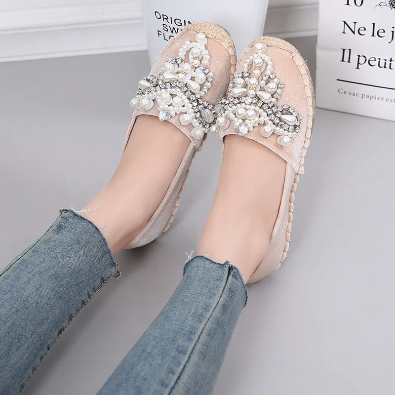 Women Flats Casual Spring Autumn Fisherman Shoes Flock Lazy Loafers Rhinestone String Bead Woman Single Shoes