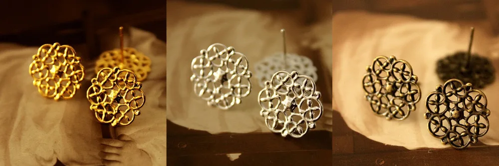 

50 Pcs Gold Silver Antiqued Bronze plated Brass Filigree Lace Steel Post Earring NICKEL FREE(EAR-14)